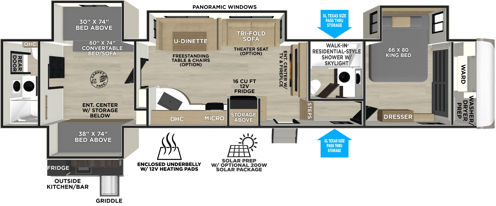 The Hemisphere Fifth Wheels 356QB has two entries and four slide outs. Exterior features include: fiberglass exterior, 21' awning and outside kitchen. Interiors features include: bunk beds, u-dinette, front bedroom, rear bathroom and two full bathrooms.